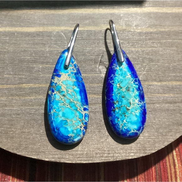🪸Blue Sea Sediment Waterdrop Natural Stone French hook Earrings🐚 - Picture 10 of 12